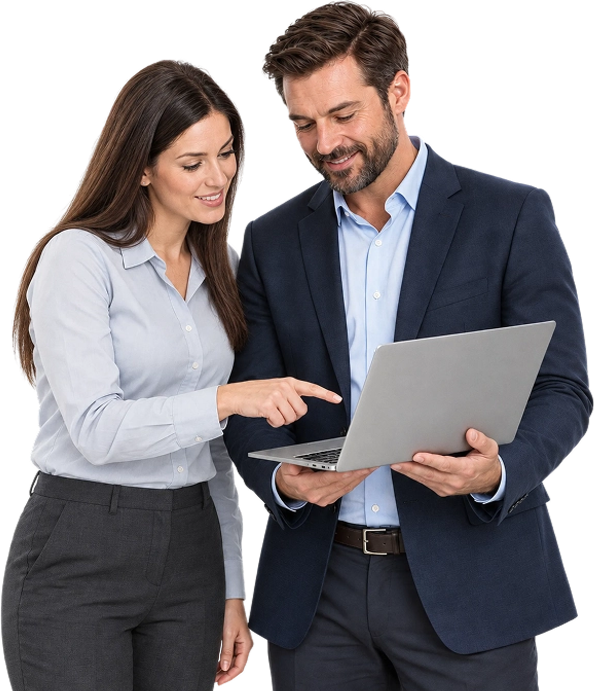 Two Overthink consultants reviewing a laptop together